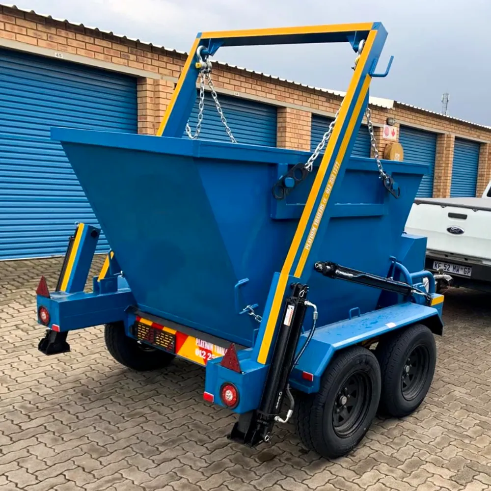 Envirolux blue mini skip on its trailer